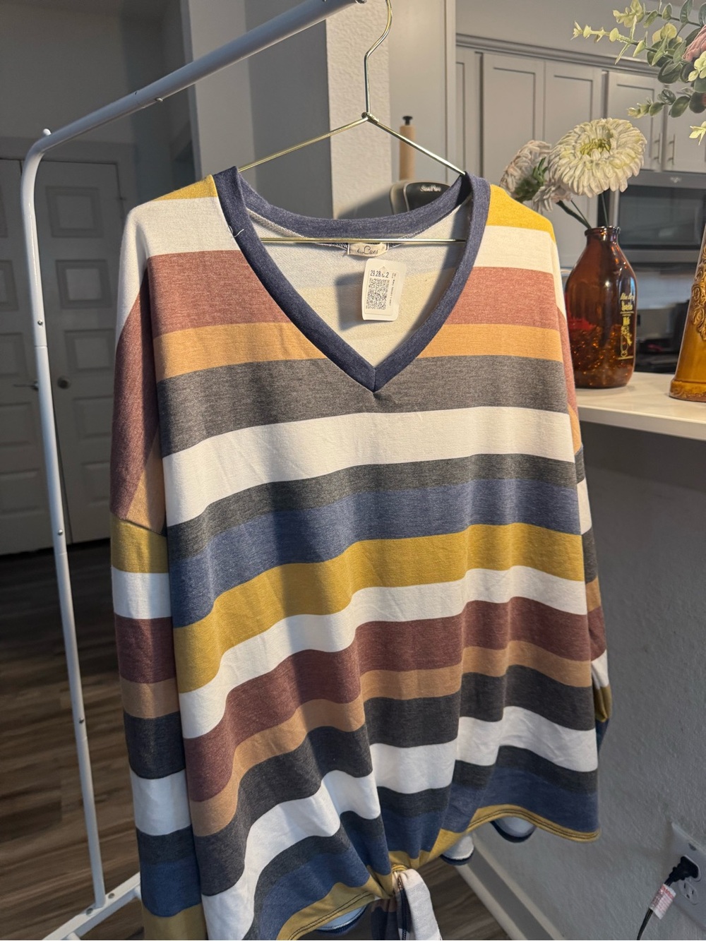 Striped V-Neck Tie-Hem Sweater in Mustard, Navy & Cream